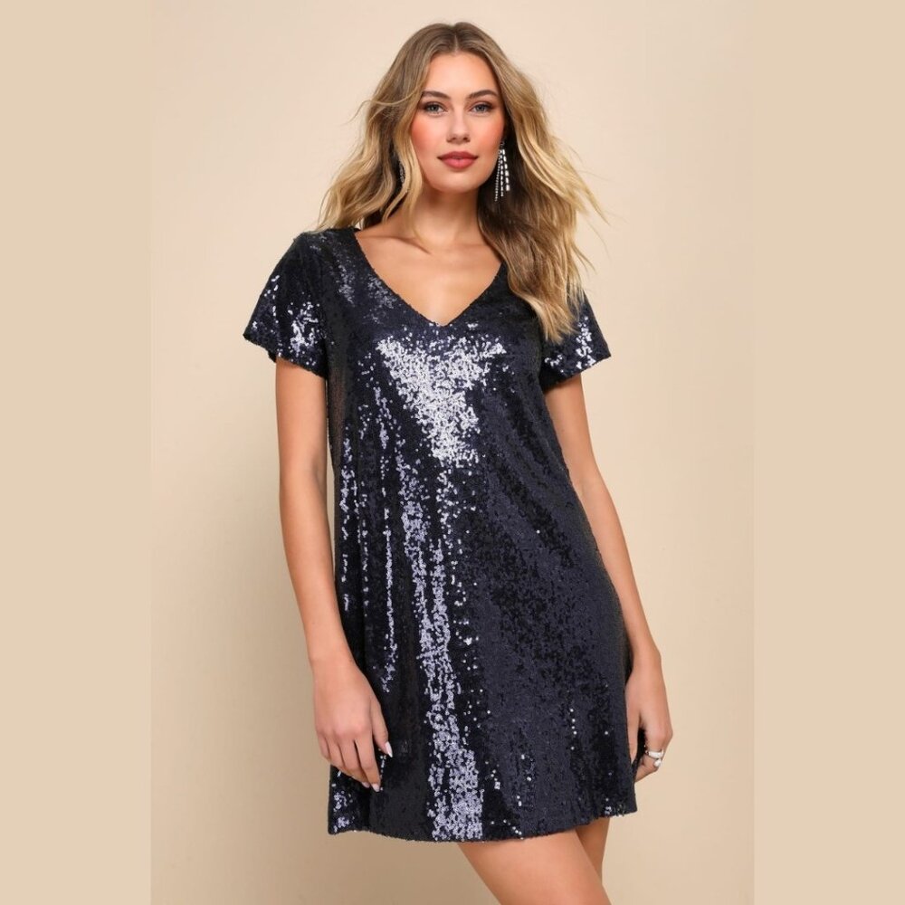Lulus Light Up the Night Navy Sequin Shift Dress Size Small